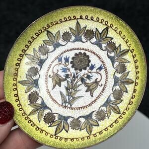 Vintage Austrian Enamel Trinket Plate Hand-Painted Floral Design EZ Austria 3"